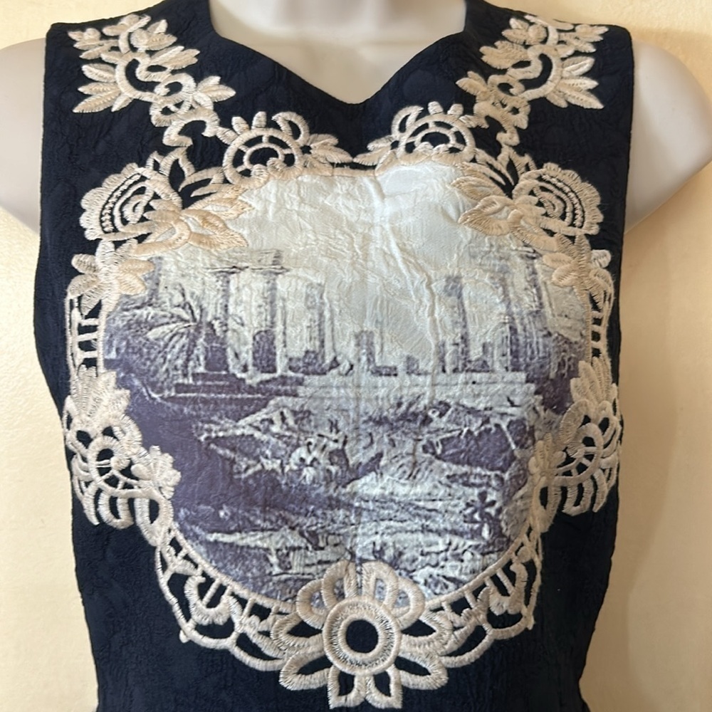 Black silk brocade dress with ivory lace embroidery and watercolor patches sz4 - Picture 2 of 12
